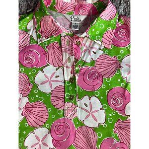Lilly Pulitzer Women's Small Sea Shell Polo Style Shirt Green/Pinks/White‎